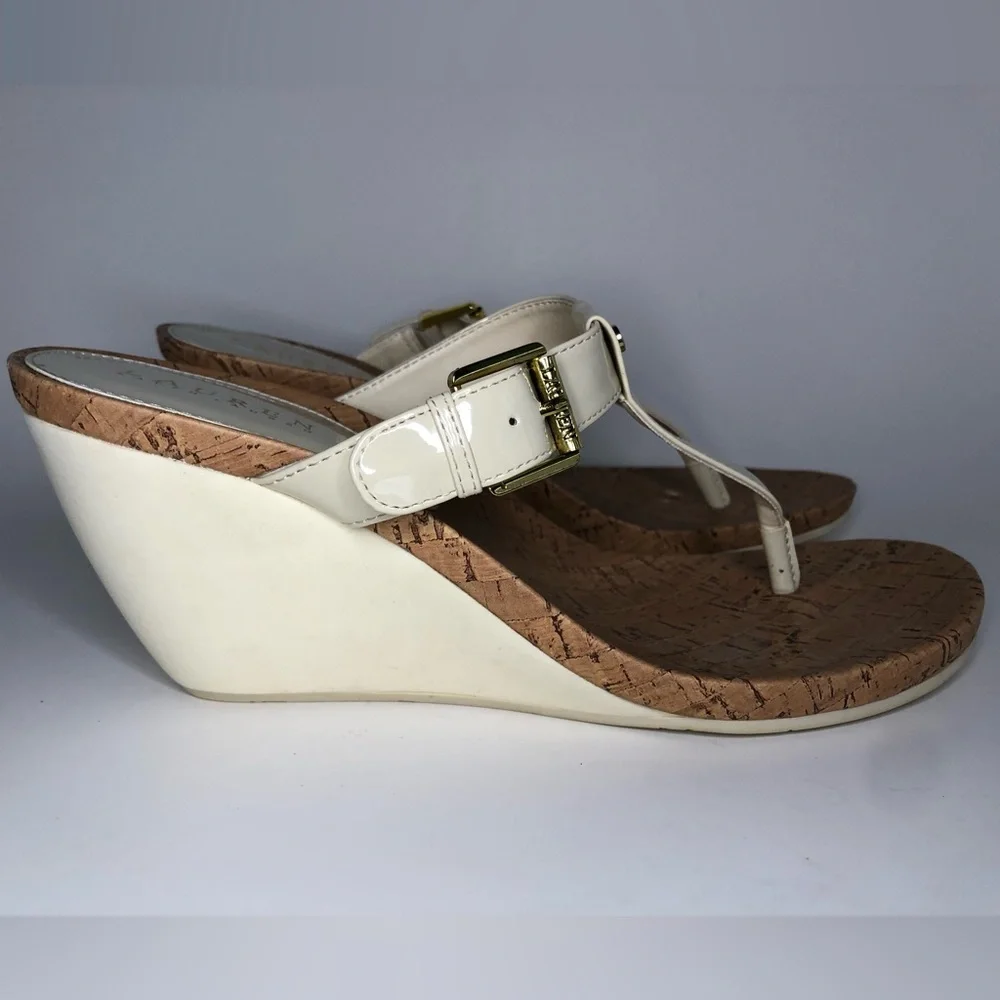 Ralph Lauren Cream Patent Leather T Strap Open Toe Wedge Sandal Size 10B